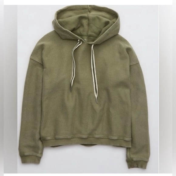 Aerie Olive Green Ribbed Hoodie 100% Cotton Relaxed Fit XS - Oversized - Picture 3 of 9